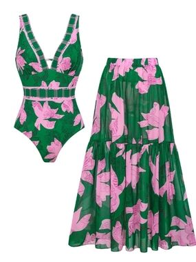 Green & Pink Floral Swim Set with Matching Skirt